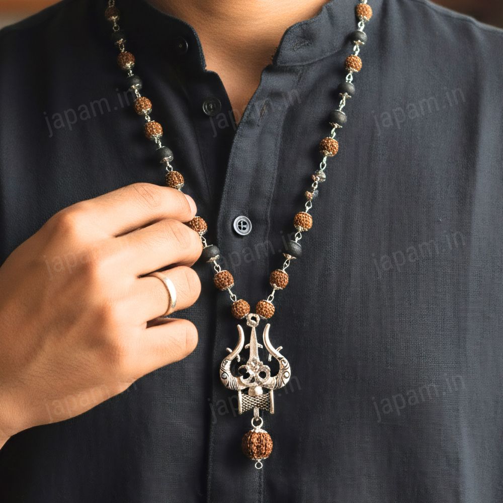 Silver Plated Rudraksha & Karungali Mala with Trishul Pendant - Image 2