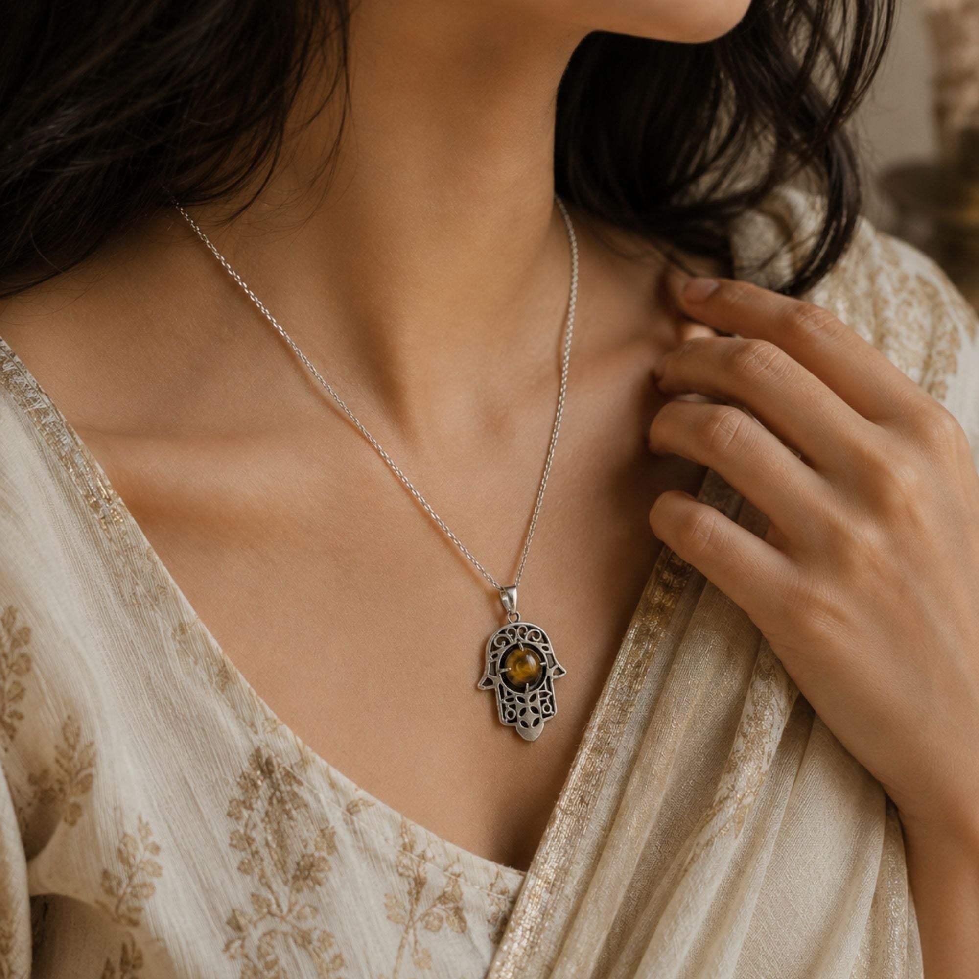 Tiger Eye Hamsa Hand Necklace - Image 3